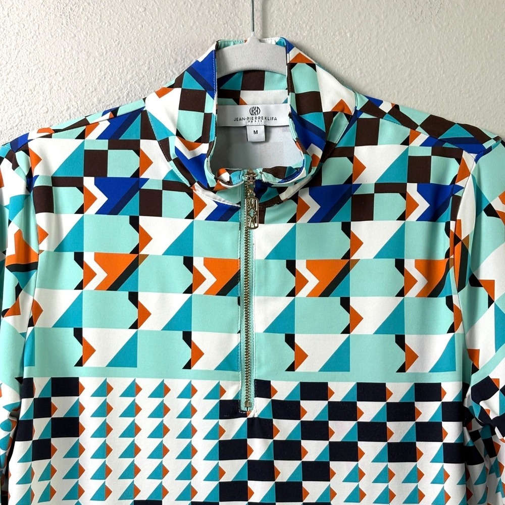 Jean Pierre Klifa Paris Golf Top Size M BLue Orange Pixal Print 1/4 Zip Athletic - Picture 3 of 14